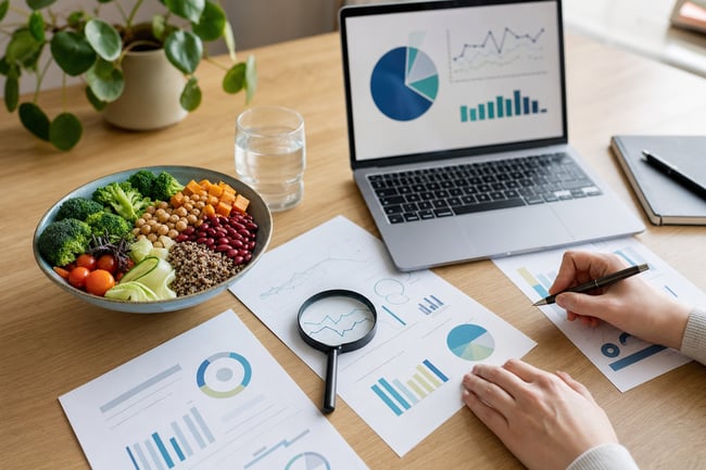 Overhead View Of Researcher Hands Reviewing Nutrition Studies