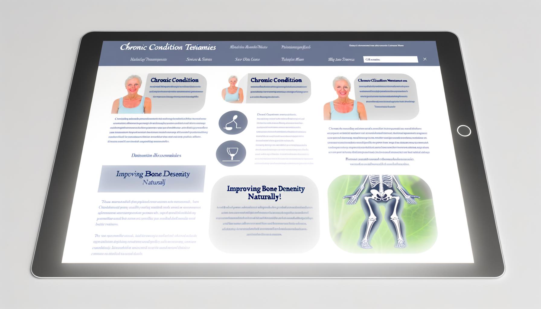 This image is a website page with information about chronic condition testimonials, services, treatments, and tips for improving bone density naturall