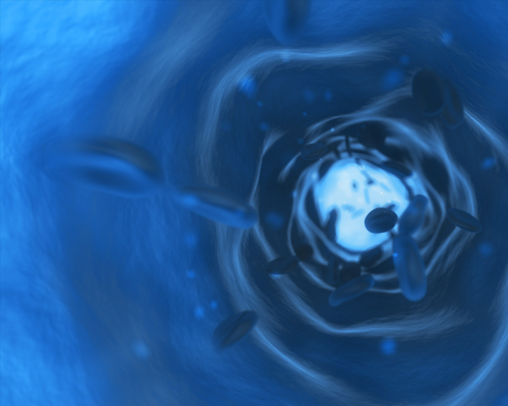 Blood flowing through vein in blue