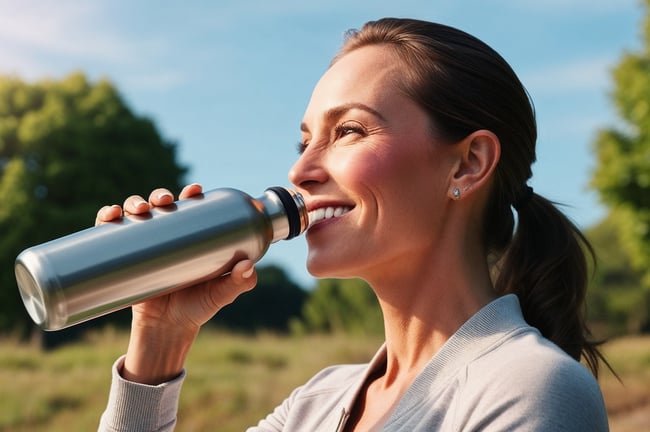AdobeStock_Joyful Woman Hydrating with Stainless Steel Water Bottle-1800
